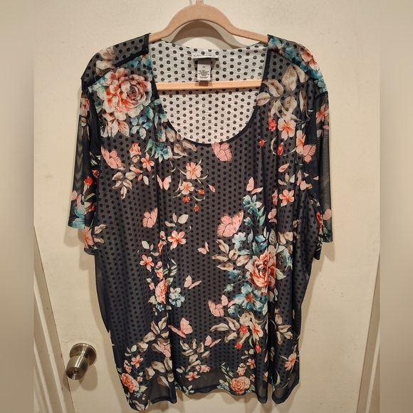 Catherines Tops - Catherines Floral Mesh Overlay Scoop Neck Top Sz 3X Travel Vacation Spring Comfy